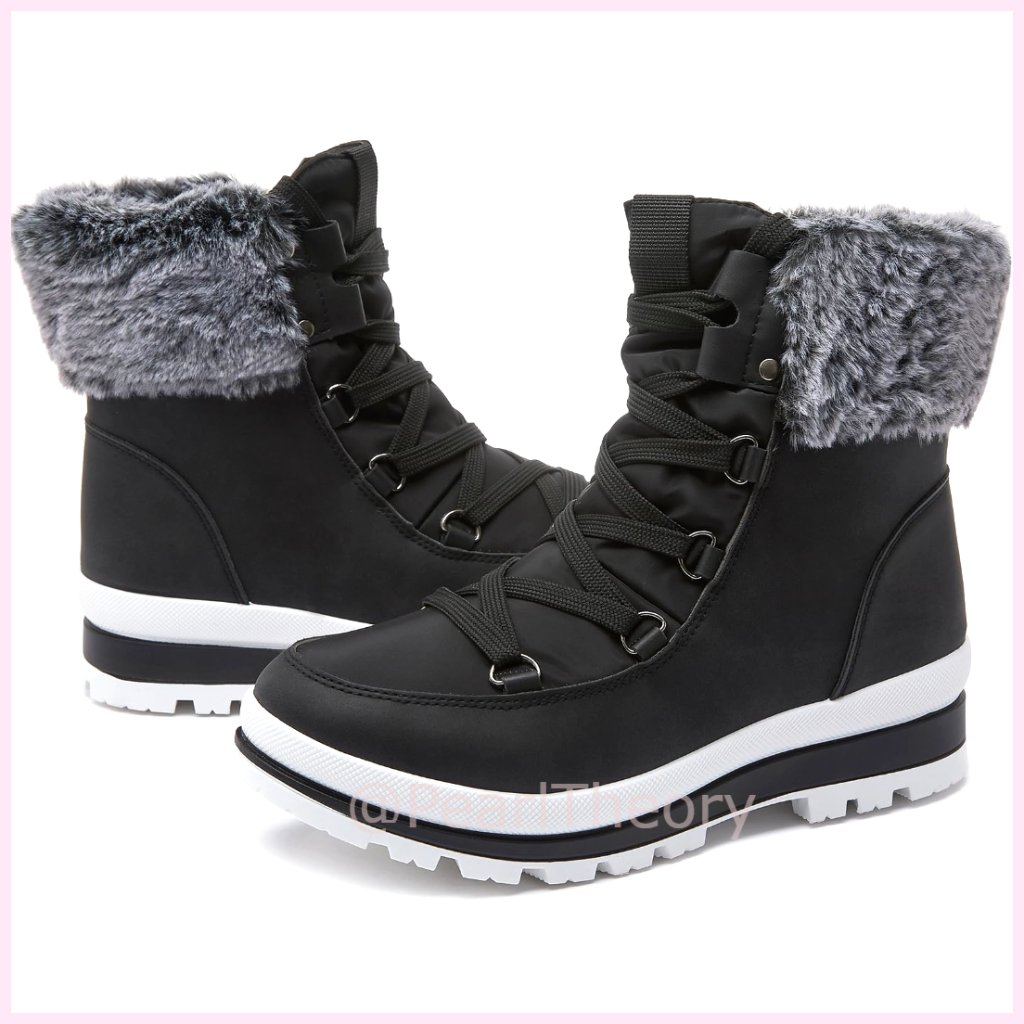 Pu Leather Mid-Calf Combat Boots With Fur Lining Waterproof Winter Snow Boots